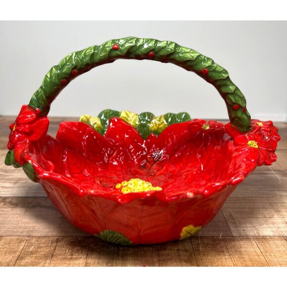 Christmas Ceramic Poinsettia Flower Basket Dish 9.5'' x 7.5'' - Picture 1 of 9
